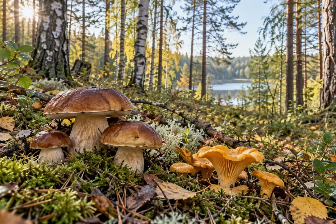 Белые грибы и лисички во мху в сосновом лесу